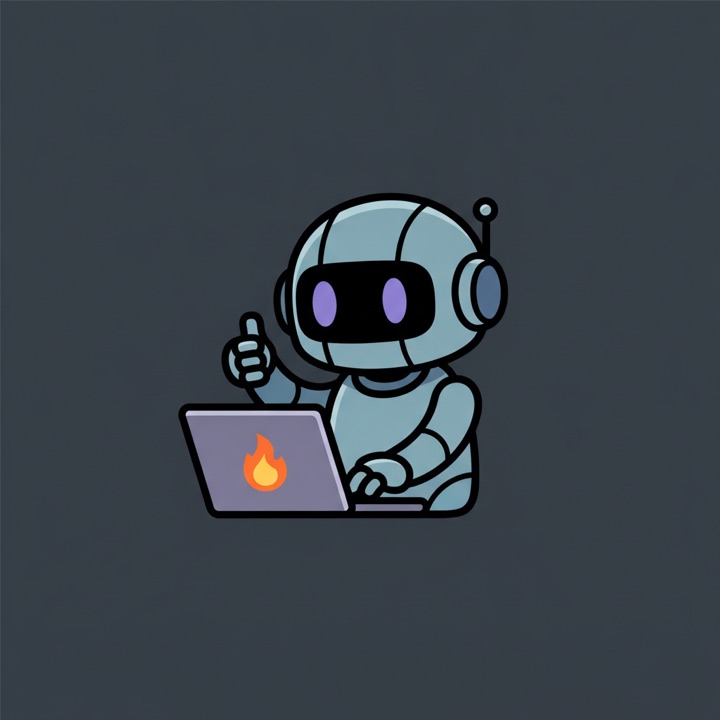 Illustration: a small robot giving a thumbs up at a laptop marked with a flame